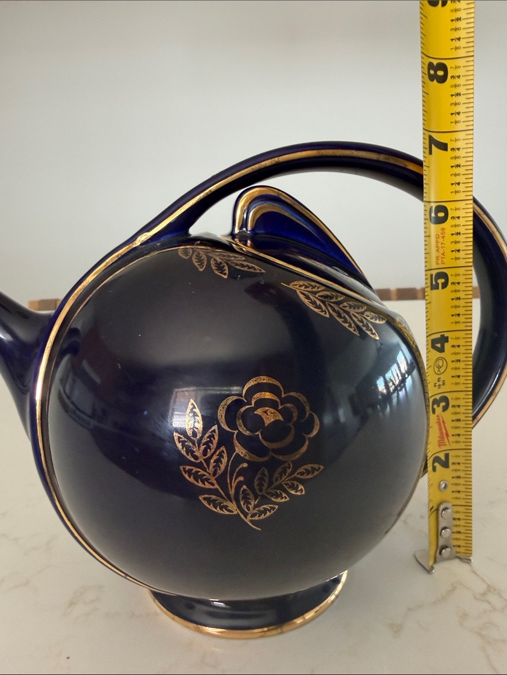 Vintage Hall Blue Ceramic Teapot with Gold Floral Accents, USA, 1930’s-1940’s - Picture 13 of 13